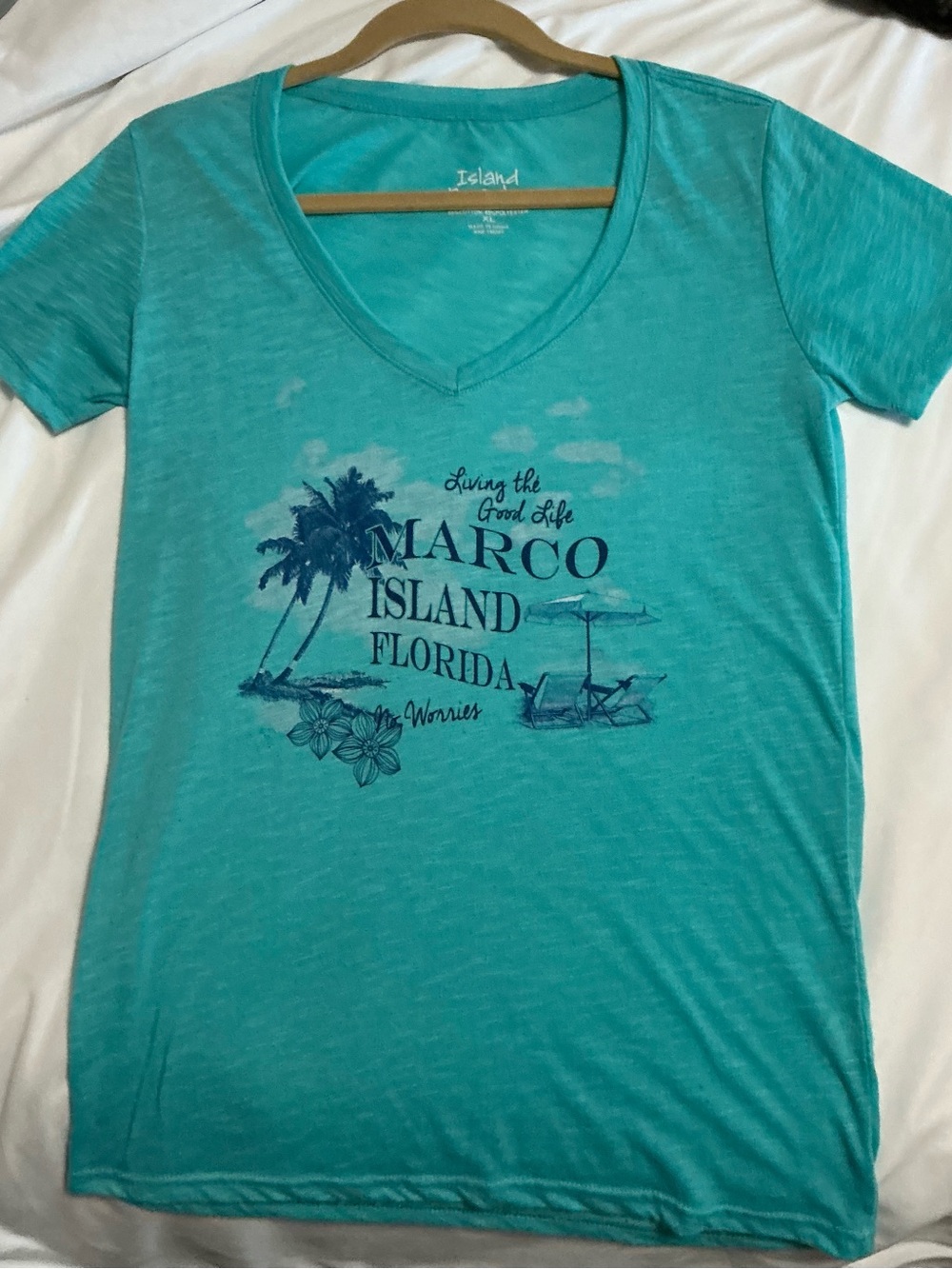 Women's V-Neck Tee - Turquoise Marco Florida Graphic XL
